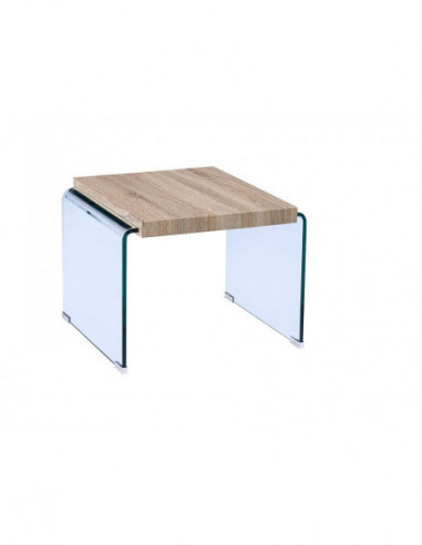 Mesa OSIRIS, baja, madera, cristal curvado, 55x55 cms