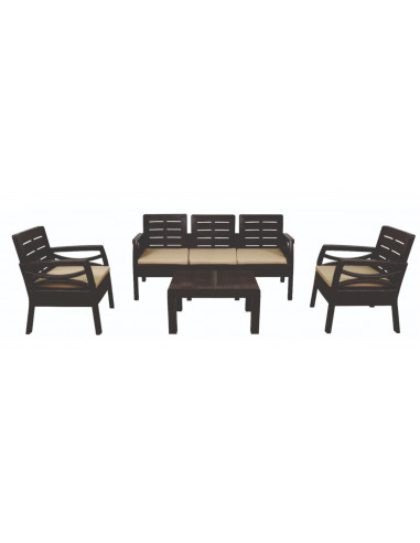 Pack FIONA, 2 sillones, 1 sofá de 3 plazas y mesa baja, polipropileno marrón, cojín beige