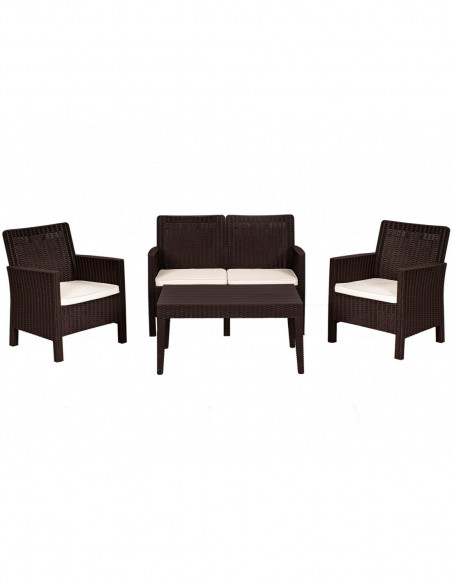 Set ADRIÁTICO, 2 Sillones + Sofá 2 plazas + mesa, polipropileno chocolate, cojines incluidos