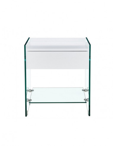 Mesa DARLING, cristal templado, cajón blanco, 45 x 45 cms