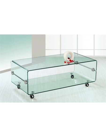 Mesa MELBOURNE, cristal curvado, ruedas, 120x60 cms