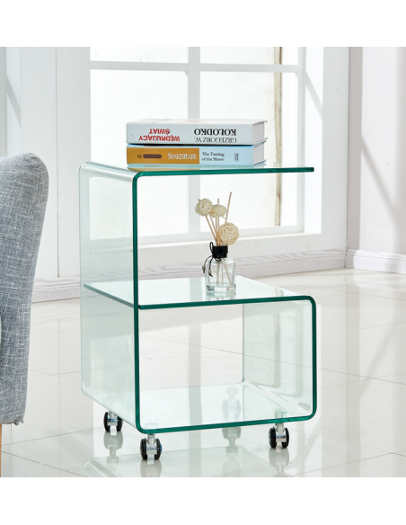 Mesa ABIGAIL, ruedas, cristal transparente, 40 x 40 cms