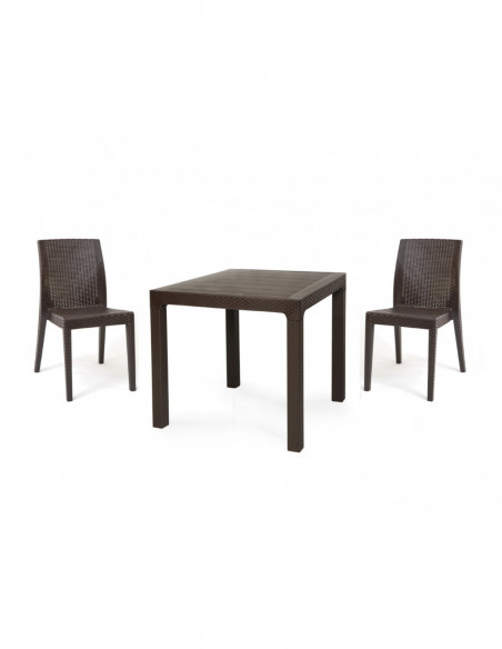 Mesa TROPICAL, ratán, polipropileno marrón chocolate, 80 x 80 cms