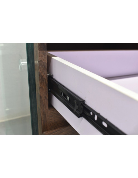 Mesa SEBAS, baja, cristal curvado, dos cajones, 50 x 43 cms