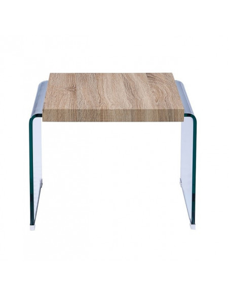 Mesa OSIRIS, baja, madera, cristal curvado, 55x55 cms