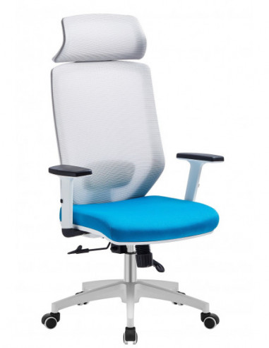 Sillón de oficina CLAYTON, blanco, malla gris, tejido azul claro