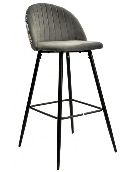 Taburete FLORAL, metal, tapizado velvet gris con trasera floral a juego