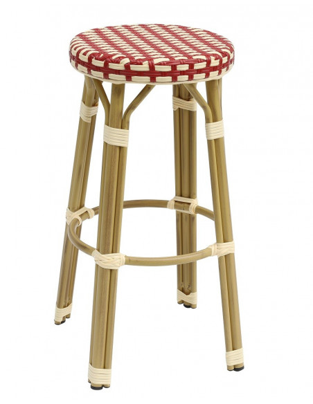 Taburete GARNIER, apilable, aluminio, ratán beige y rojo