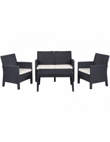 Set ADRIÁTICO, 2 Sillones + Sofá 2 plazas + mesa, polipropileno antracita, cojines incluidos