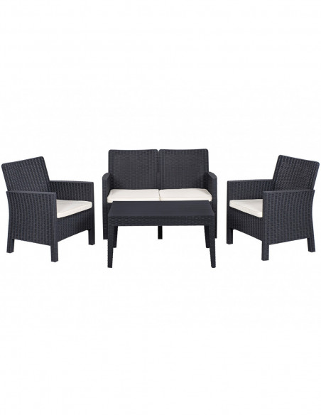 Set ADRIÁTICO, 2 Sillones + Sofá 2 plazas + mesa, polipropileno antracita, cojines incluidos