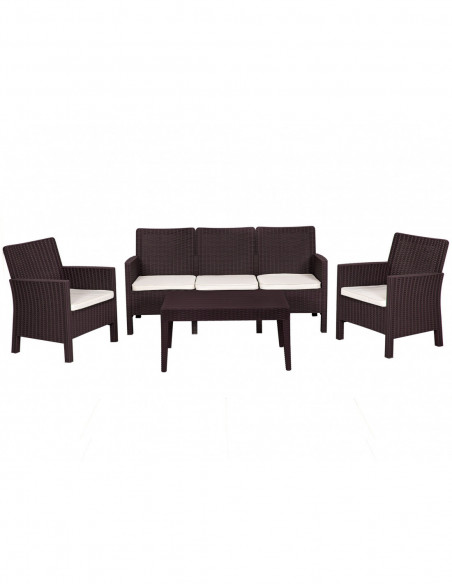 Set ADRIÁTICO, 2 Sillones + Sofá 3 plazas + mesa, polipropileno chocolate, cojines incluidos
