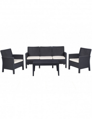Set ADRIÁTICO, 2 Sillones + Sofá 3 plazas + mesa, polipropileno antracita, cojines incluidos