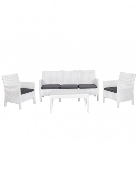 Set ADRIÁTICO, 2 Sillones + Sofá 3 plazas + mesa, polipropileno blanco, cojines incluidos