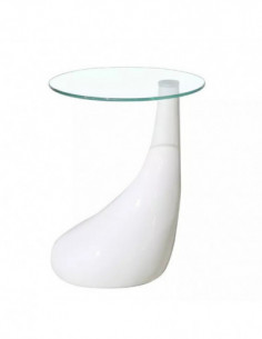 Mesa PEAR, baja, blanca, cristal, 50 cms de diámetro