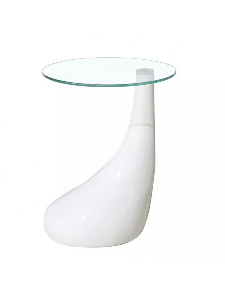 Mesa PEAR, baja, blanca, cristal, 50 cms de diámetro