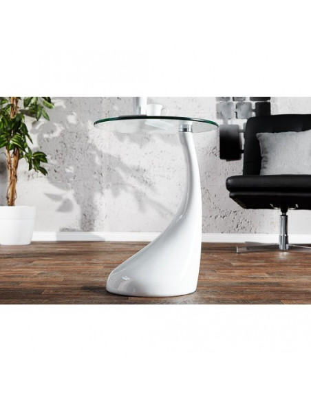 Mesa PEAR, baja, blanca, cristal, 50 cms de diámetro