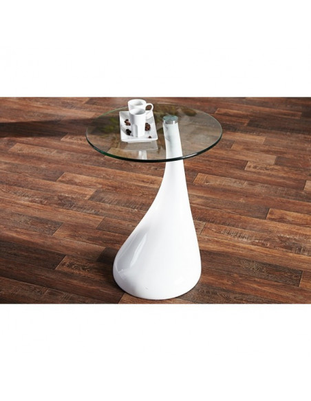 Mesa PEAR, baja, blanca, cristal, 50 cms de diámetro