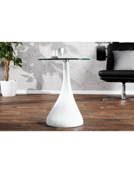 Mesa PEAR, baja, blanca, cristal, 50 cms de diámetro