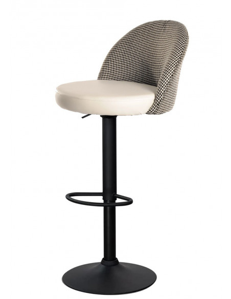 Taburete ETNA, regulable, metal negro, tapizado pata de gallo y similpiel blanca