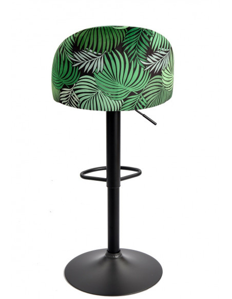 Taburete FLOWER, regulable, metal negro, tapizado velvet verde con trasera floral a juego