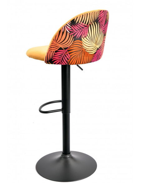 Taburete FLOWER, regulable, metal negro, tapizado velvet amarillo con trasera floral a juego