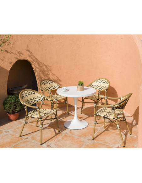 Sillón MERSIN, apilable, aluminio, ratán marrón, crema y negro