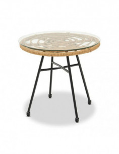 Mesa DEWA, baja, metal, ratán, cristal, 45 cms de diámetro