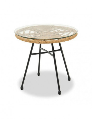 Mesa DEWA, baja, metal, ratán, cristal, 45 cms de diámetro