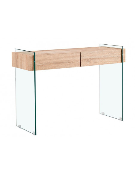 Consola GIOVANNA, 2 cajones, madera, cristal templado, 110 x 40 cms