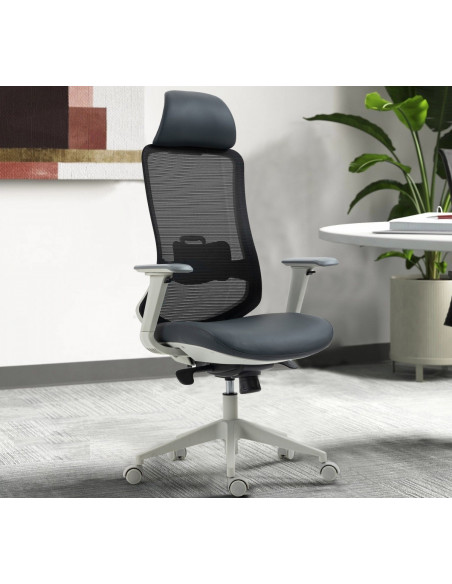Sillón de oficina ARANJUEZ, alto, gris, ergonómico, multifunción, malla y asiento negro