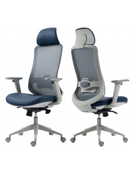Sillón de oficina ARANJUEZ, alto, gris, ergonómico, multifunción, malla y asiento azul