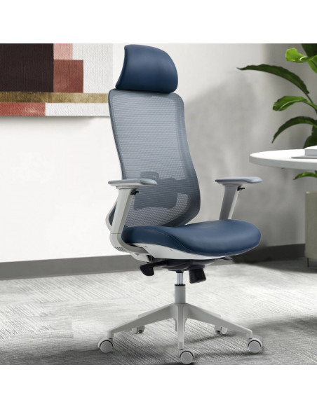 Sillón de oficina ARANJUEZ, alto, gris, ergonómico, multifunción, malla y asiento azul