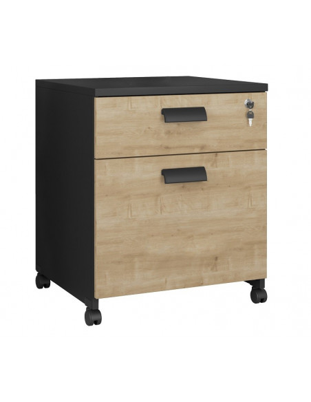 Cajonera WORK WK8, ruedas, 2 cajones, guías metálicas, cerradura, natural y negro