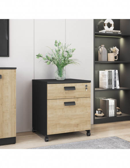 Cajonera WORK WK8, ruedas, 2 cajones, guías metálicas, cerradura, natural y negro
