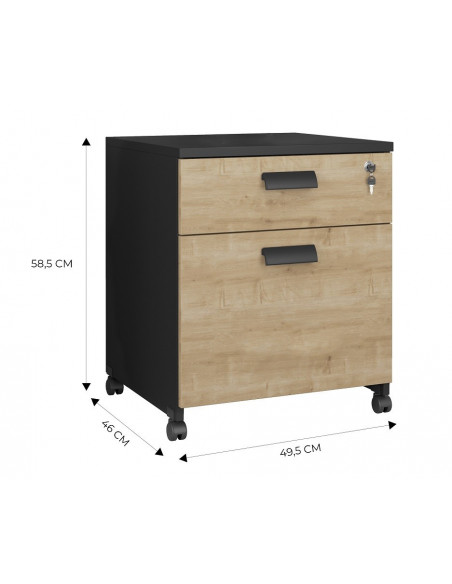 Cajonera WORK WK8, ruedas, 2 cajones, guías metálicas, cerradura, natural y negro