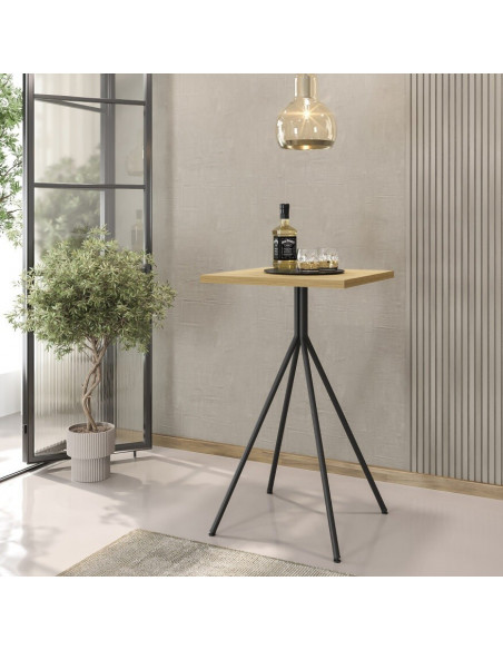 Mesa BISTRÓ, alta, metal negro, tapa de MDP color miel, 60 x 60 cms