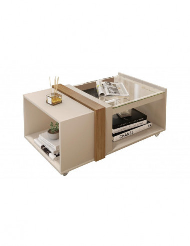 Mesa FRANCIA, baja, cristal, MDP blanco roto y miel, 90,5 x 54 cms