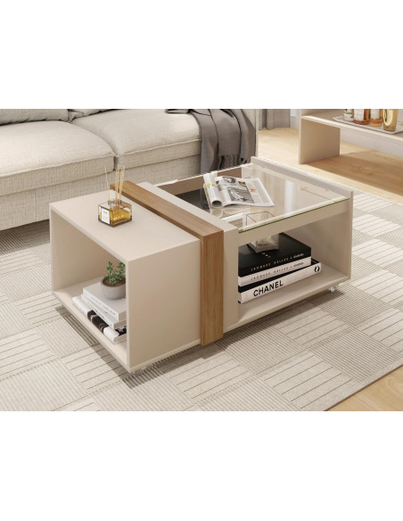 Mesa FRANCIA, baja, cristal, MDP blanco roto y miel, 90,5 x 54 cms