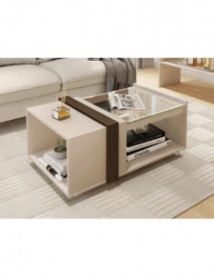 Mesa FRANCIA, baja, cristal, MDP blanco roto y nogal,... 2