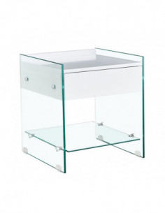 Mesa DARLING, cristal templado, cajón blanco, 45 x 45 cms