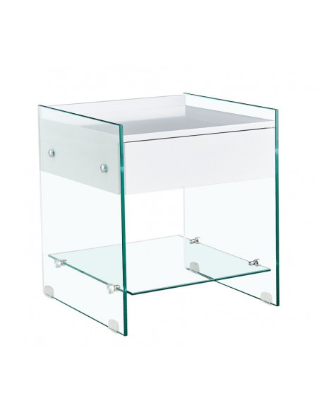 Mesa DARLING, cristal templado, cajón blanco, 45 x 45 cms