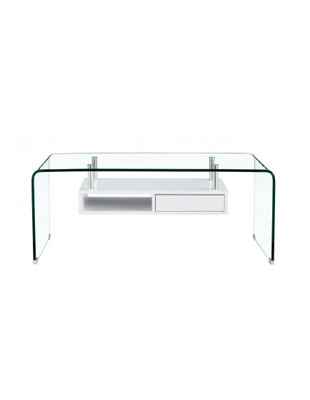 Mesa NEWARK, baja, estante blanco, cristal curvado, 110 x 60 cms