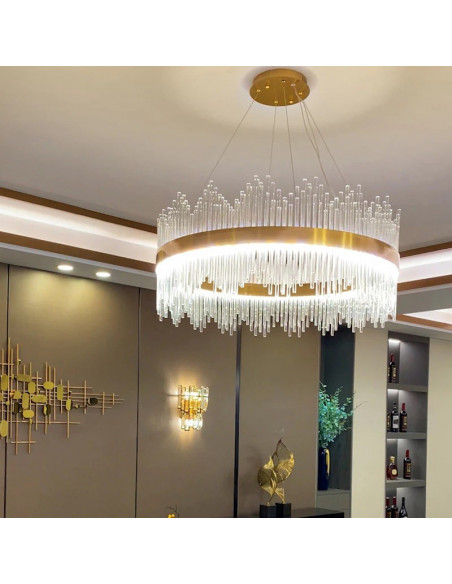 Lámpara MILDA, colgante, metal dorada, cristal, led