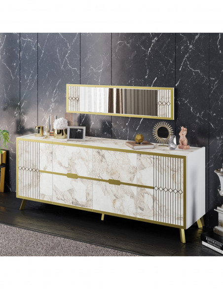 Aparador ELOISE, biIaminado mármol blanco con detalles dorados, 180 cms.