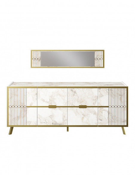 Aparador ELOISE, biIaminado mármol blanco con detalles dorados, 180 cms.