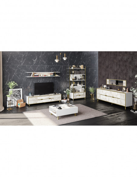 Mueble de TV ELOISE, biIaminado mármol blanco con detalles dorados, 180 cms.