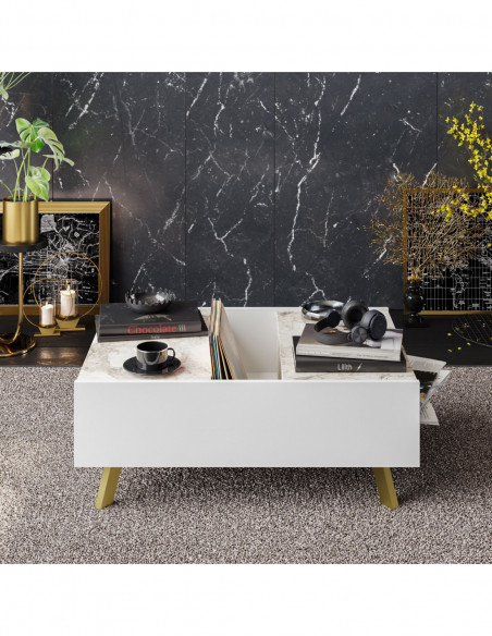Mesa baja ELOISE, biIaminado mármol blanco, 89,5 cms.