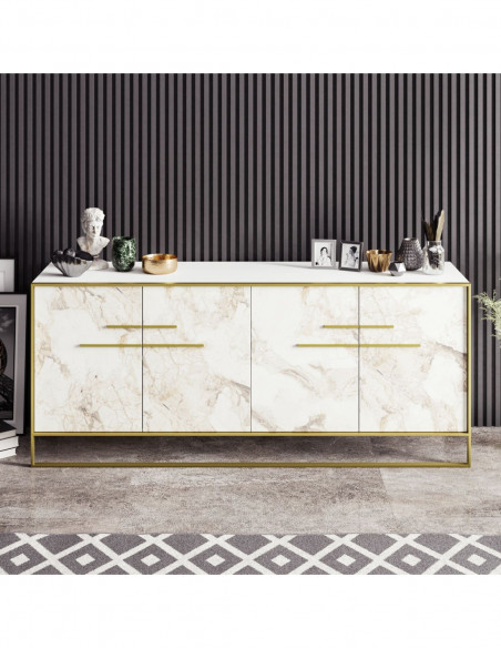 Aparador SIENA, biIaminado mármol blanco con metal dorado, 180 cms.