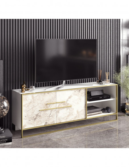 Mueble de TV SIENA, biIaminado mármol blanco con metal dorado, 160 cms.