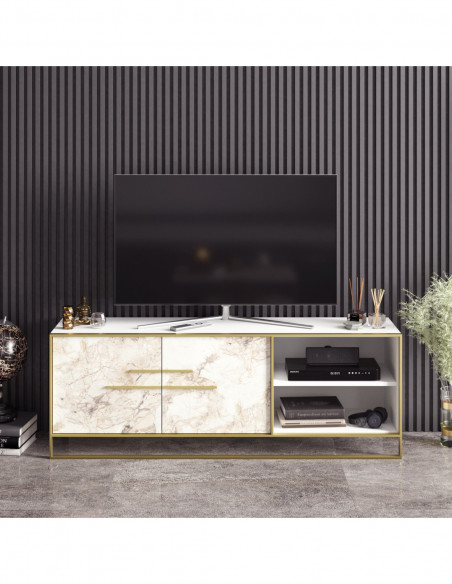 Mueble de TV SIENA, biIaminado mármol blanco con metal dorado, 160 cms.